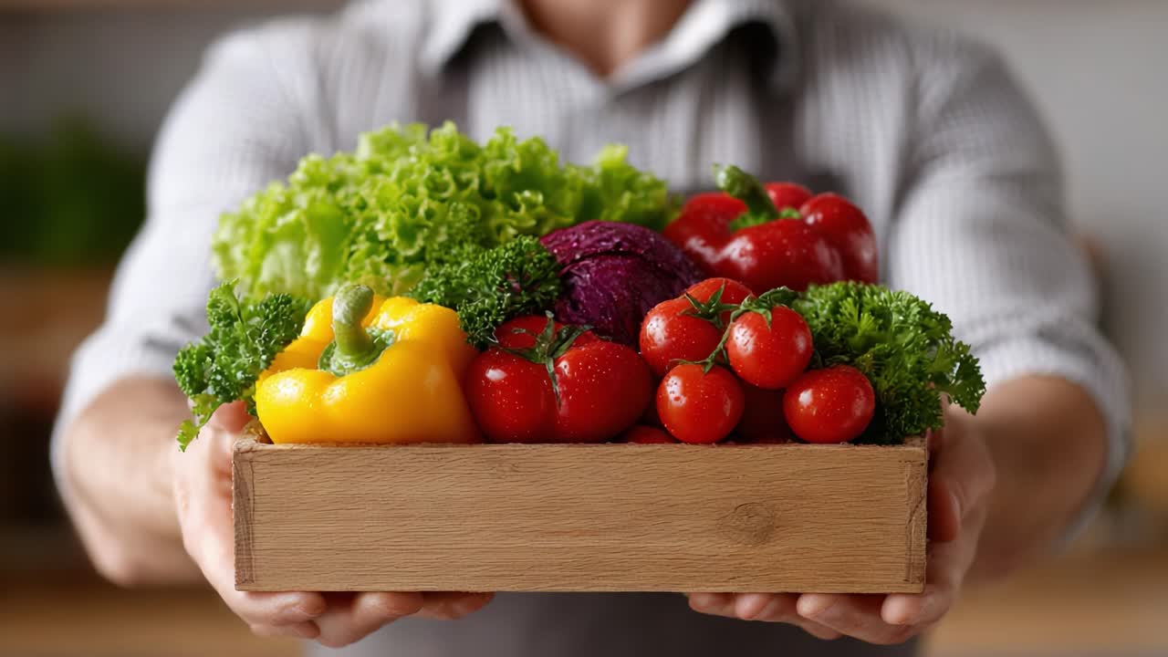 Colorful Fresh Vegetables and Greens Displayed in a Handcrafted Wooden Box, Showcasing the Bounty of Healthy Eating with Vibrant and Nutritious Produce
