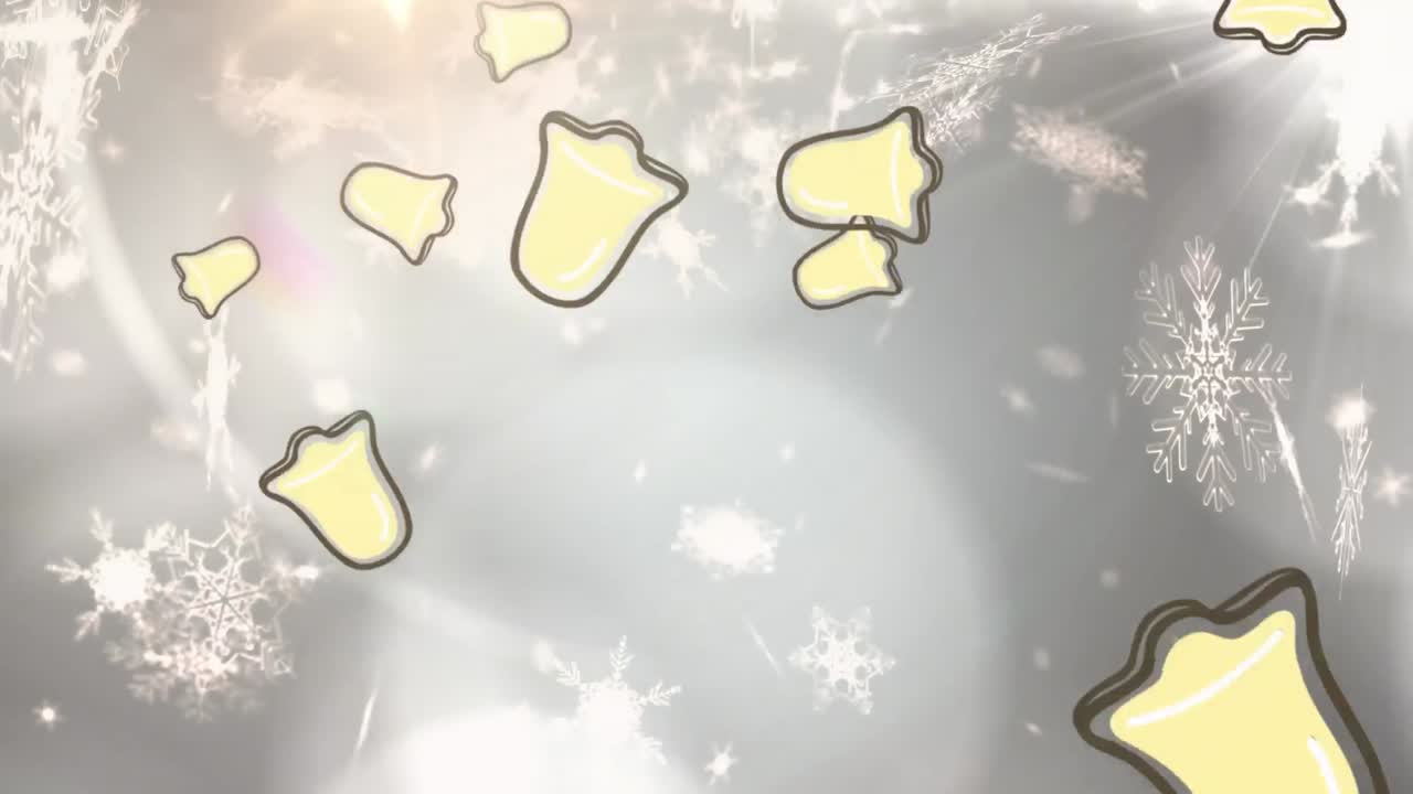 크리스마스 벨과 스노우플레이크 아이콘의 애니메이션은 회색 배경에 빛의 반점 위에 떨어집니다.