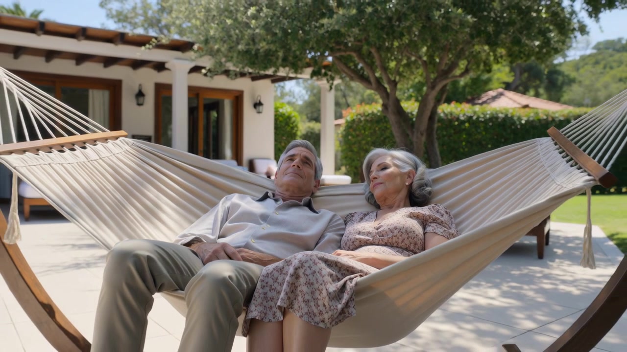 Coppia sdraiata in abiti floreali che si muove e si scambia sguardi su un'amaca in giardino, crogiolandosi al sole, mentre la telecamera si allontana.