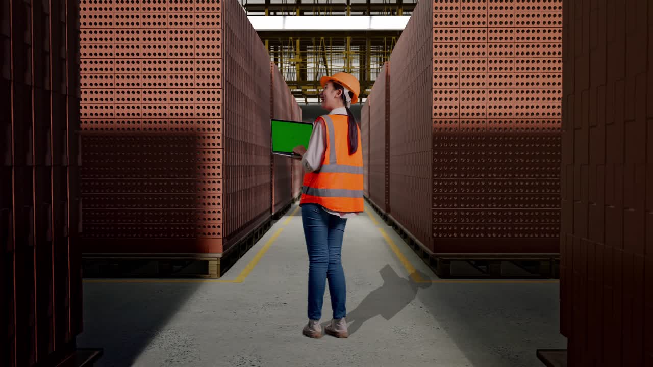 Full Body Back View Of Asian Female Engineer With Safety Helmet Working A Green Screen Laptop With Red Brick Packed in Stacks Are Stored