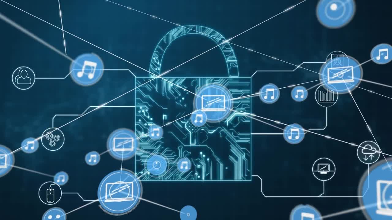 animación de la red de conexiones con iconos sobre el candado de seguridad en línea