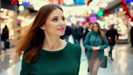 woman walking in a shopping mall during the holidays