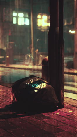 a wet garbage bag sitting on a city street at night