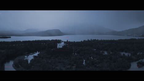aerial view of a bridge over a lake at dusk
