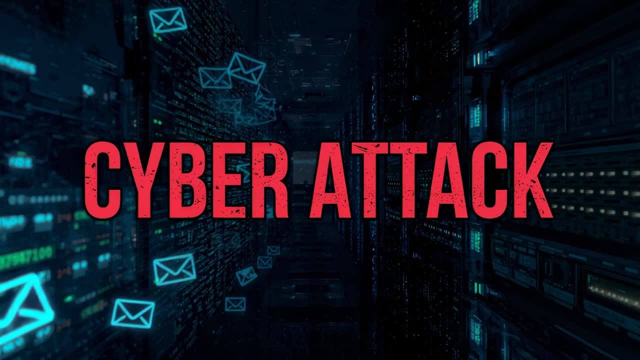 Fading CYBER ATTACK title initiating envelopes drifting, binary pulsing in rack corridor