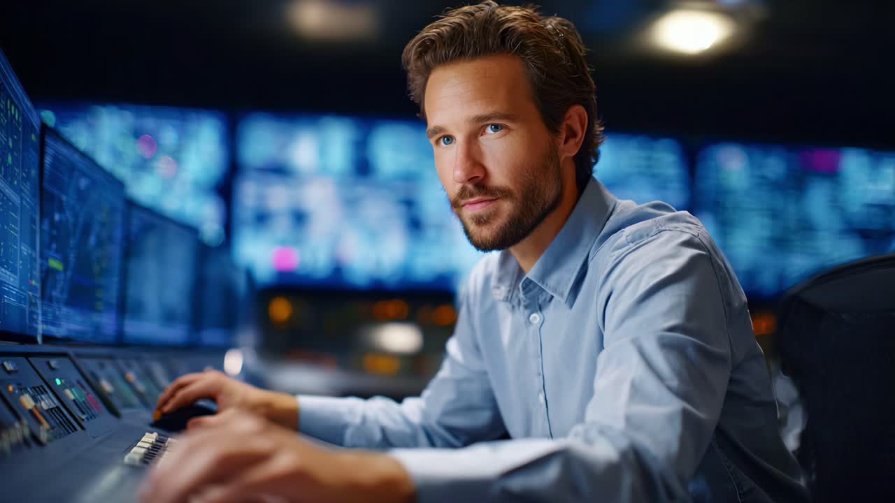 Focused Professional Engaged in Data Analysis with Multiple Monitors in a High-Tech Control Room Environment, Highlighting Precision and Attention to Detail in Work