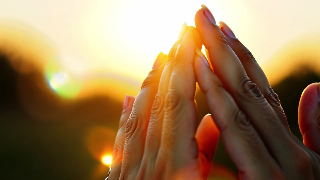 한 여인이 손을 합쳐 기도하며, 놀라운 일몰을 배경으로 신앙과 영성을 구현합니다.