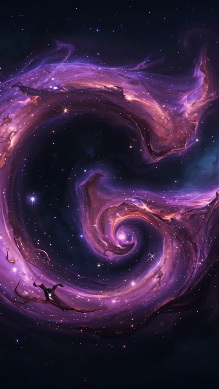 Vertical video: Starting purple pink spiral nebula spinning in space, revealing dust tendrils