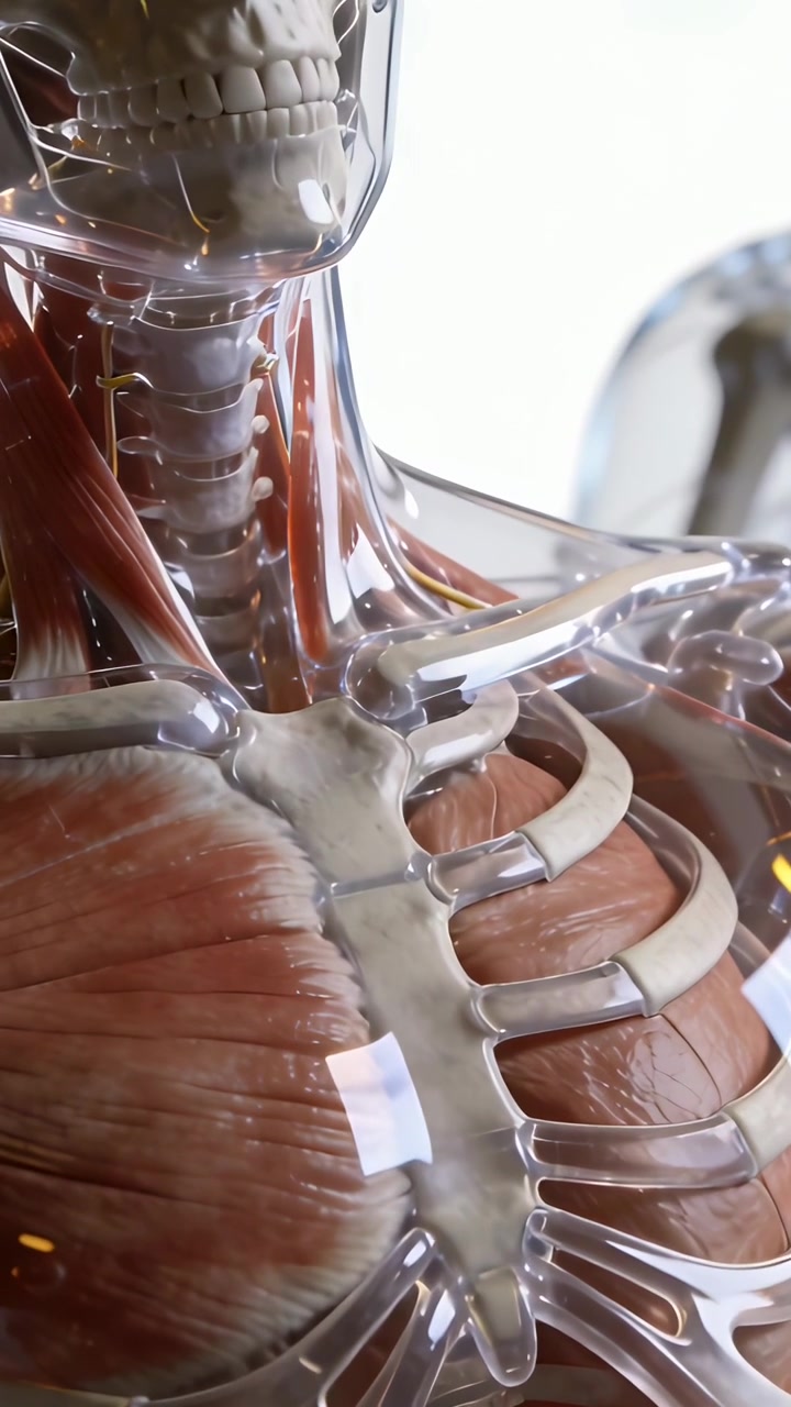 Video verticale: Accensione delle luci, modello di torso in acrilico che mostra collo e trachea per l'insegnamento in laboratorio.