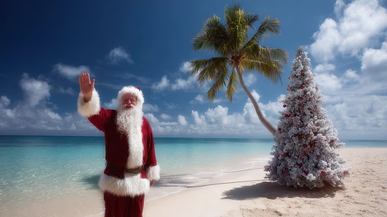 A Unique Christmas Celebration on the Beach with Santa Claus, a Beautiful Snowy Christmas Tree, and a Tropical Palm Tree Under a Bright Blue Sky