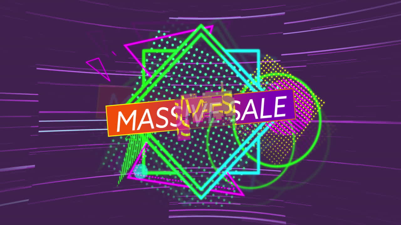 보라색 배경 위의 네온 모양 위의 대규모 판매 텍스트의 애니메이션