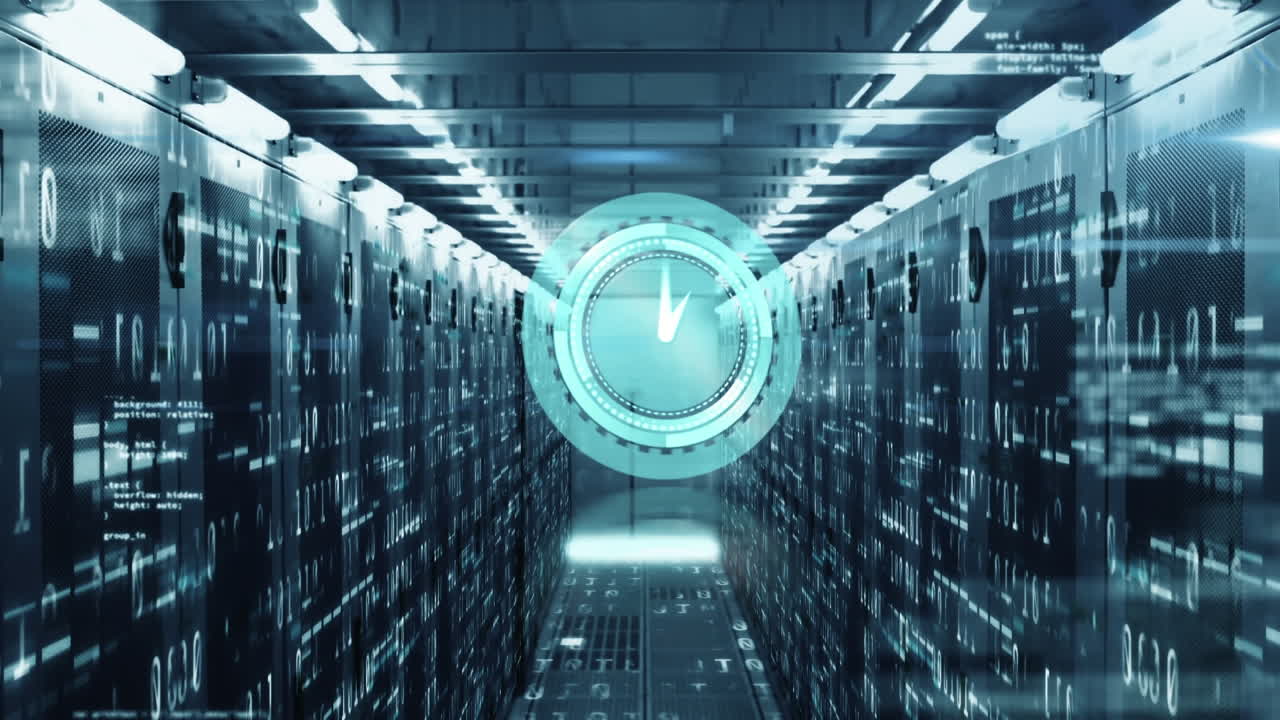 Animation of ticking clock and data processing against computer server room