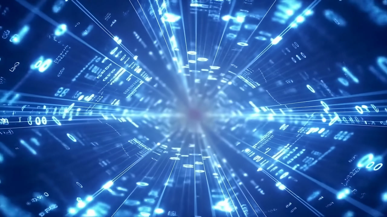 Futuristic Digital Tunnel with Flowing Binary Data