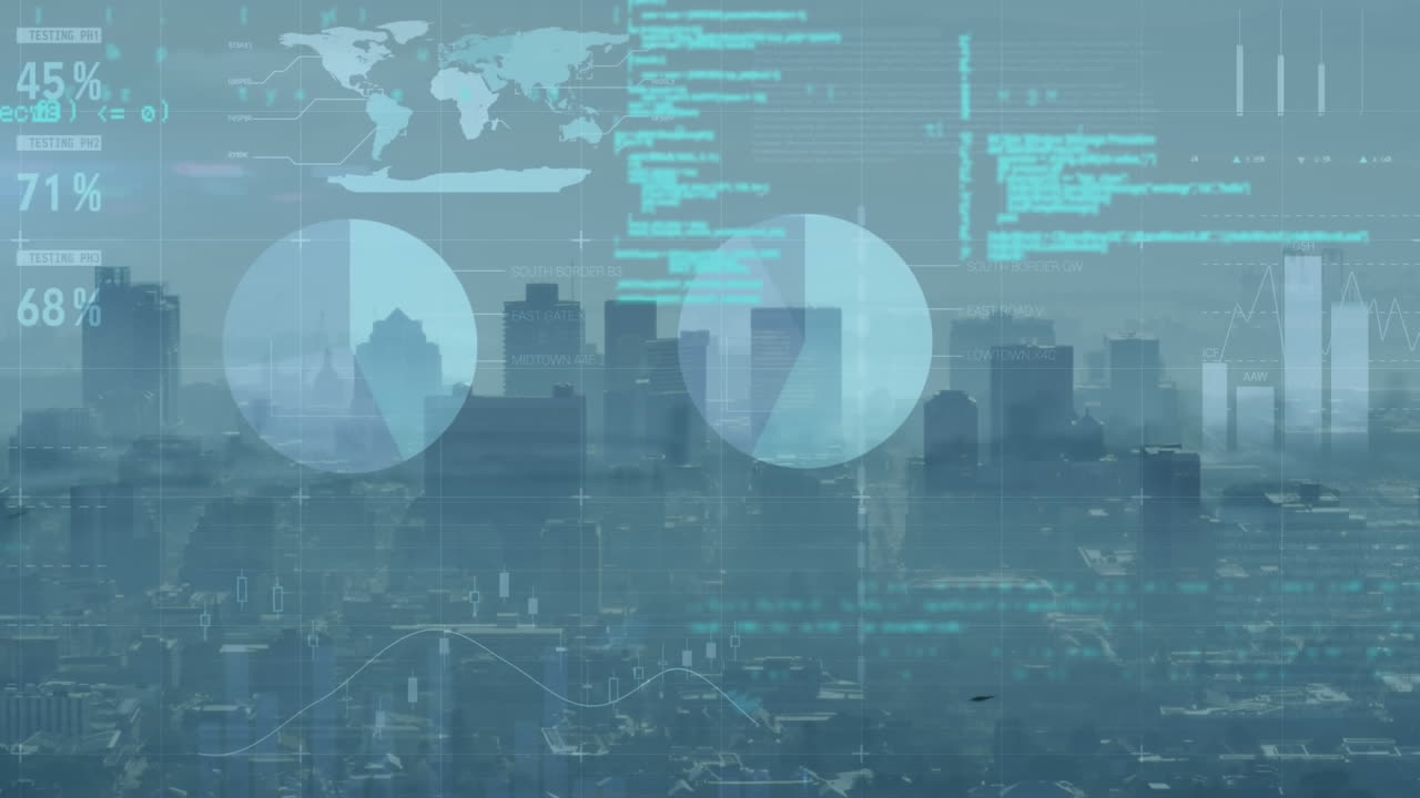 인포그래픽 인터페이스 및 컴퓨터 언어의 애니메이션 현대 도시 풍경의 공중 시상