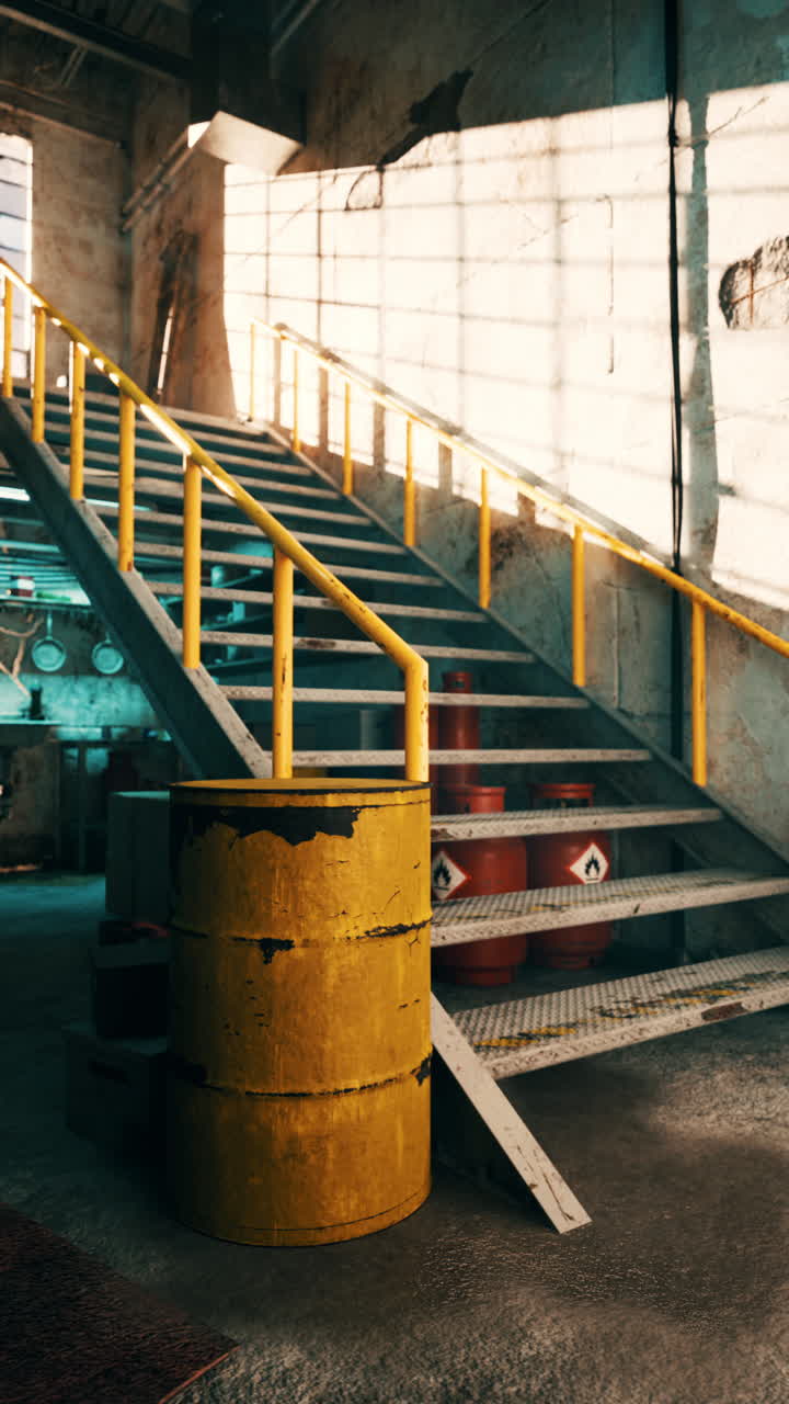 Rusty Barrel and Metal Stairs in an Abandoned Factory