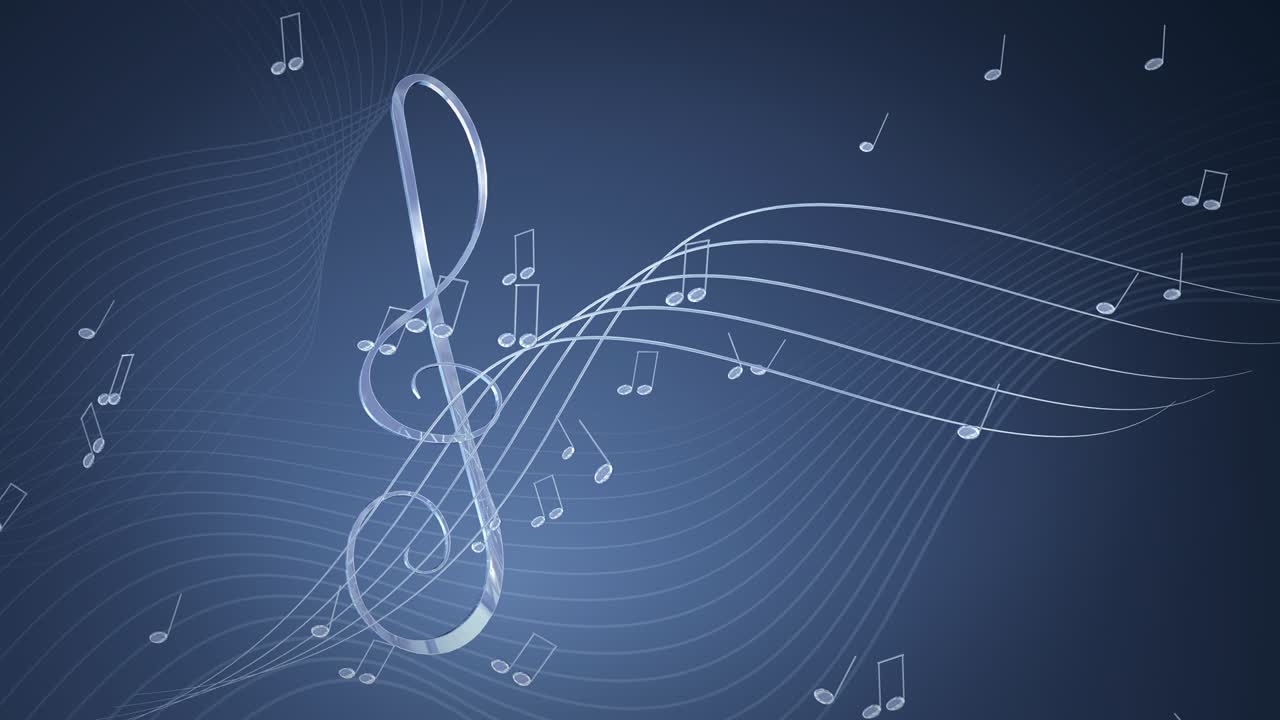 notas musicales giratorias y clave aguda en el fondo azul, animación en bucle 4k