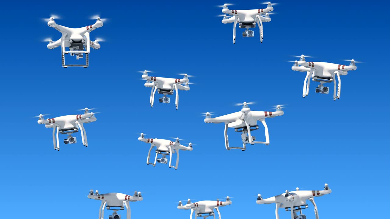 파란 하늘에서 많은 드론이 올라와 카메라로 촬영합니다. 녹색 화면과 알파 마스크를 가진 3d 애니메이션을 루프합니다.