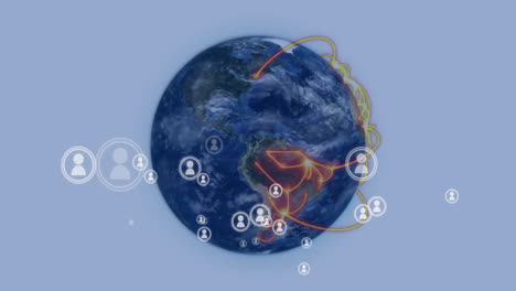 animation of globe with network connections and user icons for global communication