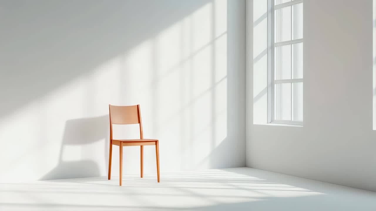 Bright sunlight streaming through expansive windows. Creating dramatic shadow patterns across minimalist white interior. Highlighting wooden chair's elegant simplicity and serene architectural design