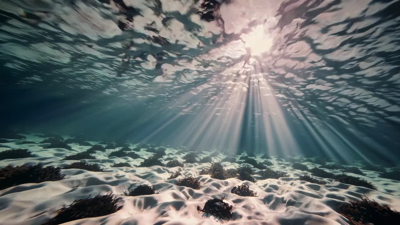 Underwater video captures sun rays piercing through water, illuminating the sandy ocean floor