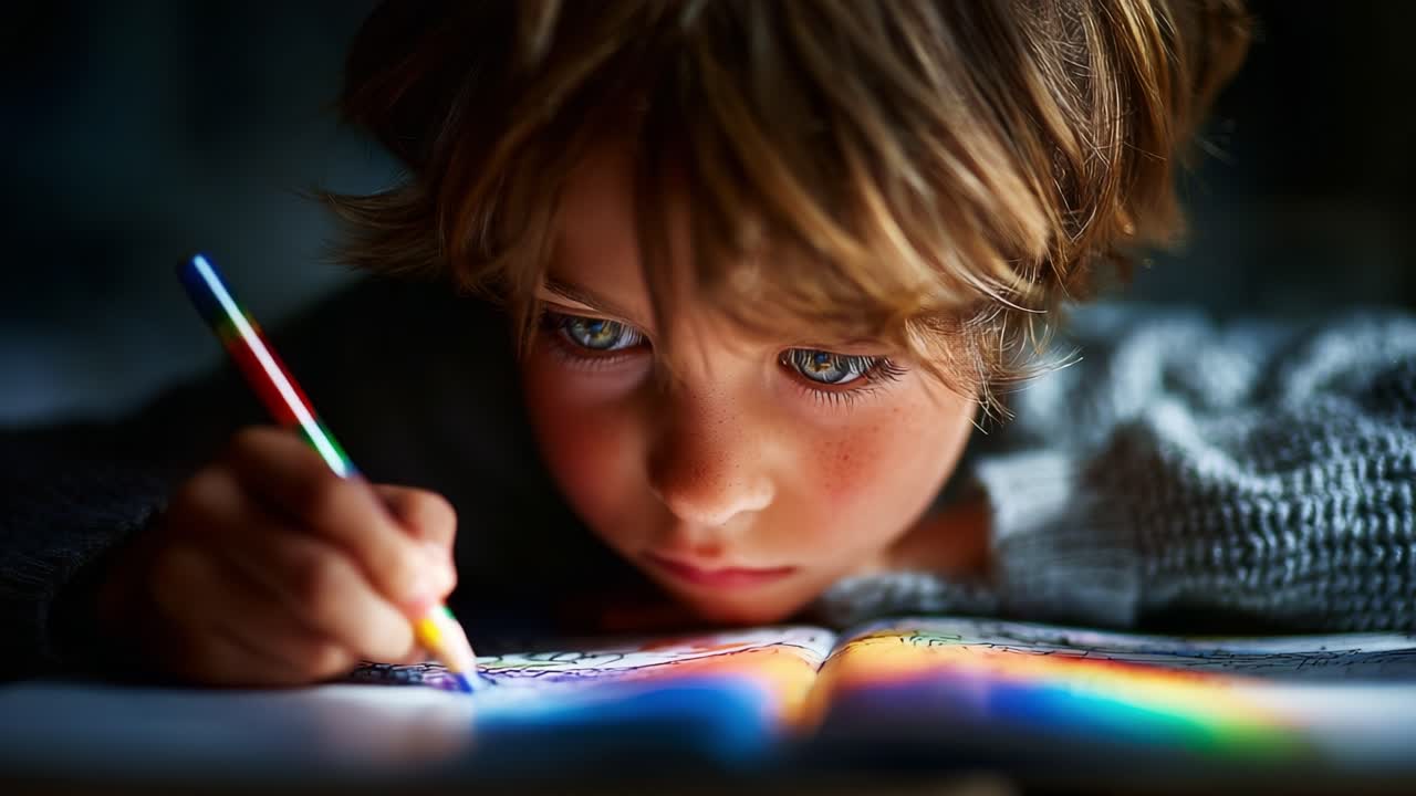 A Young Child Engaged in Creative Drawing with Vivid Colors and Focused Expression, Capturing the Essence of Imagination and Artistic Exploration in a Cozy Setting