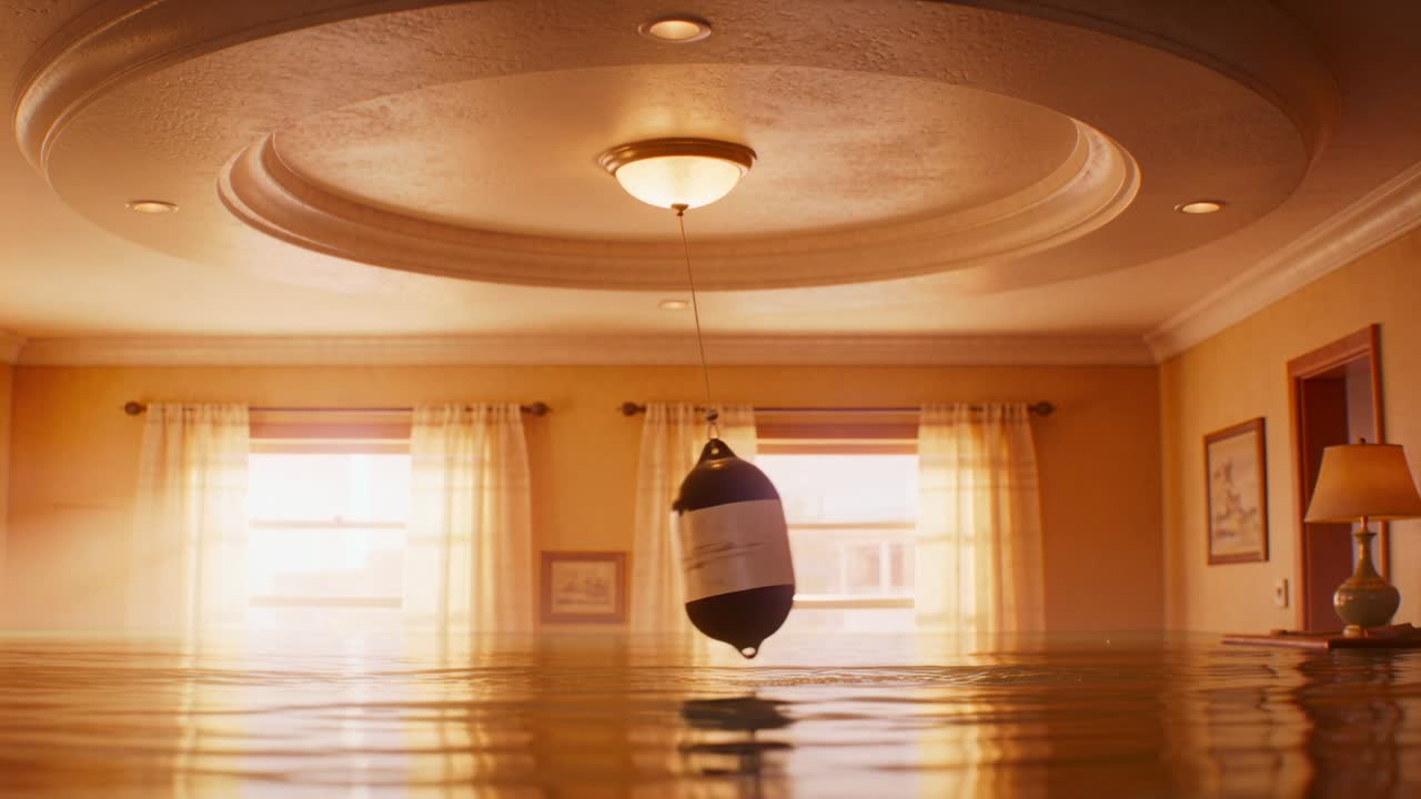 Swaying rope starting bobbing black buoy splashing water in flooded living room, with window light