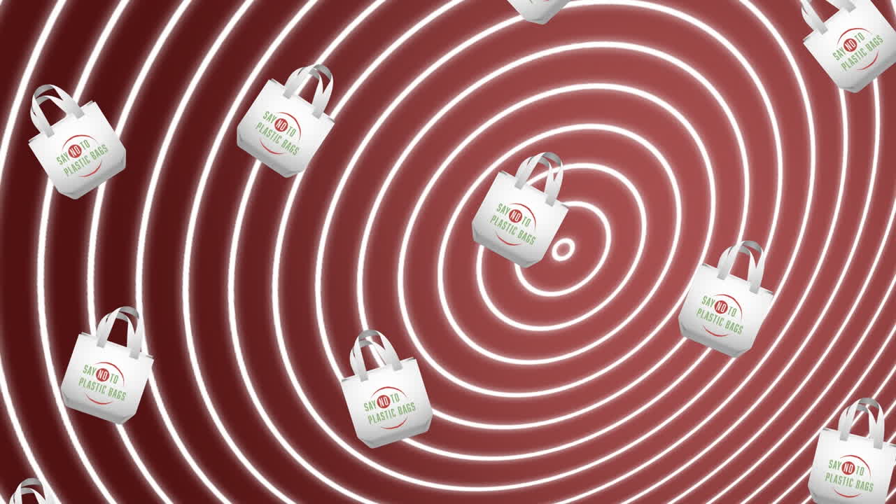 빨간색 배경에 있는 가방 아이콘 위에 플라스틱 가방이 없는 텍스트의 애니메이션