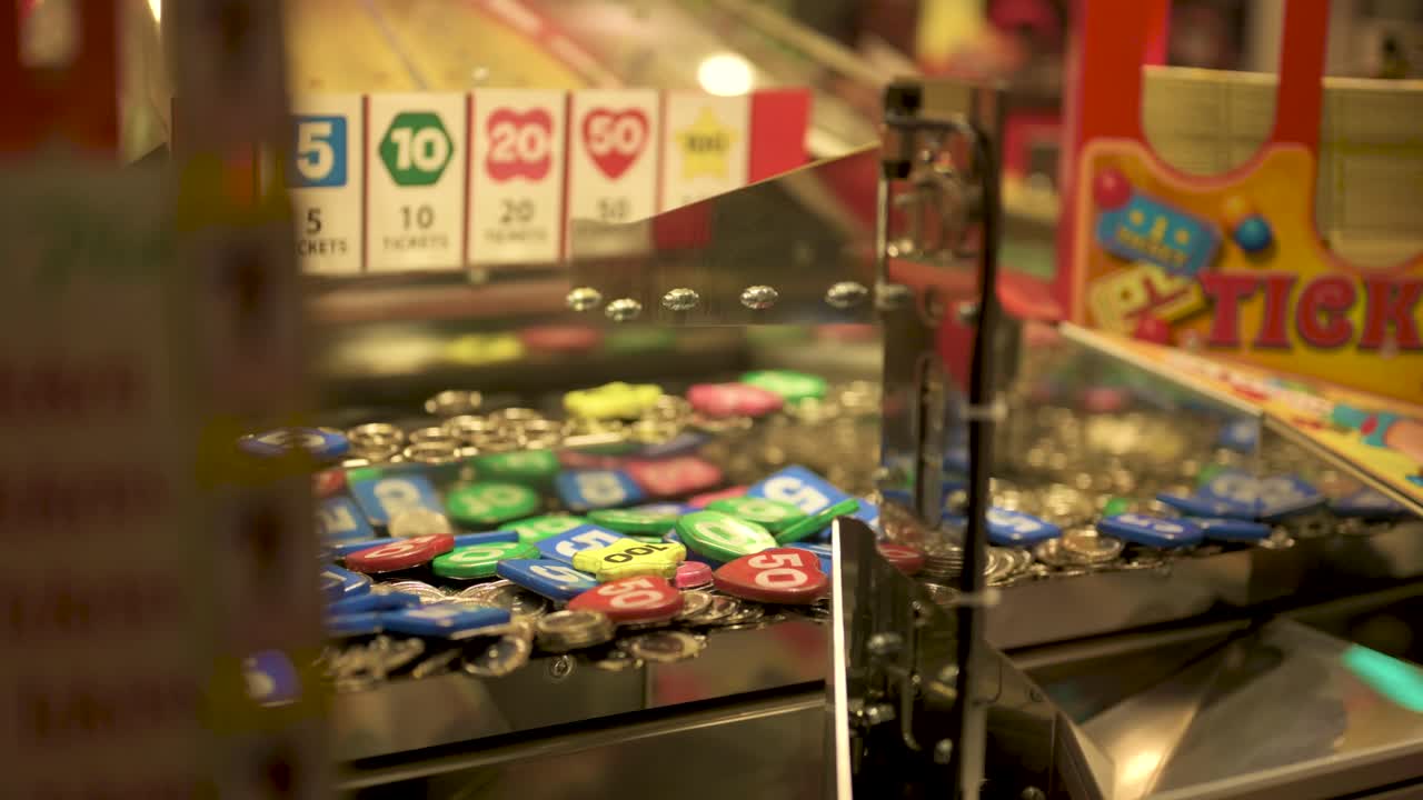 Arcade coin pusher, dropping and pushing coins with tickets coming out, slow motion