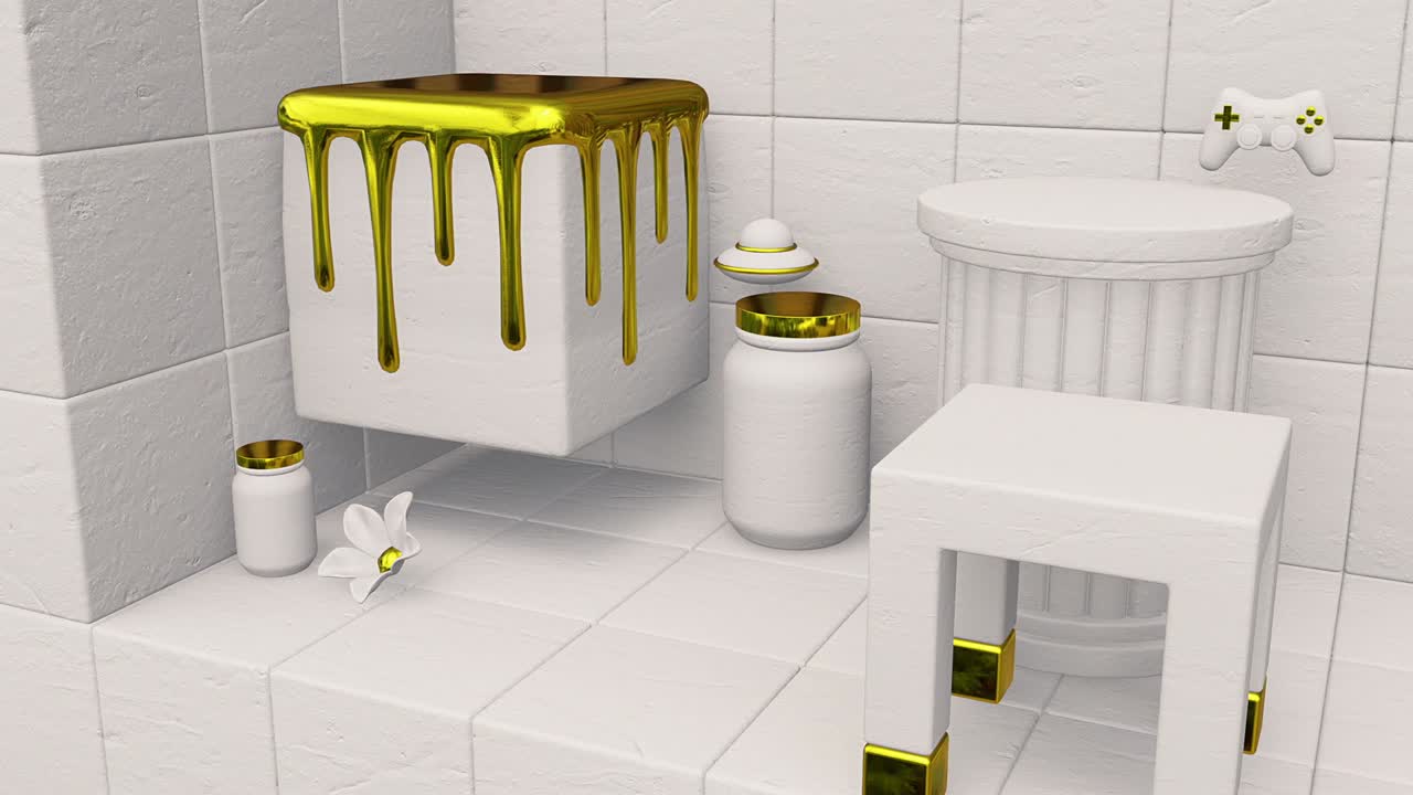 미니멀 3d 아트: 기하학적 디자인 공간에서 애니메이션 된 세련된 객체, 트렌디한 색상 조합, 루프 모션, 4k 비디오