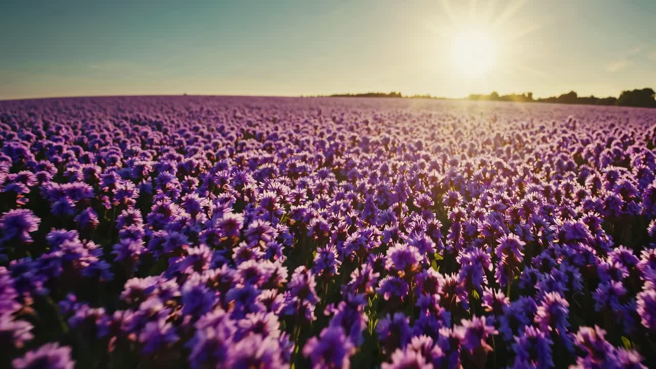 A wide-angle video captures a vast field of purple flowers under a setting sun, creating a serene