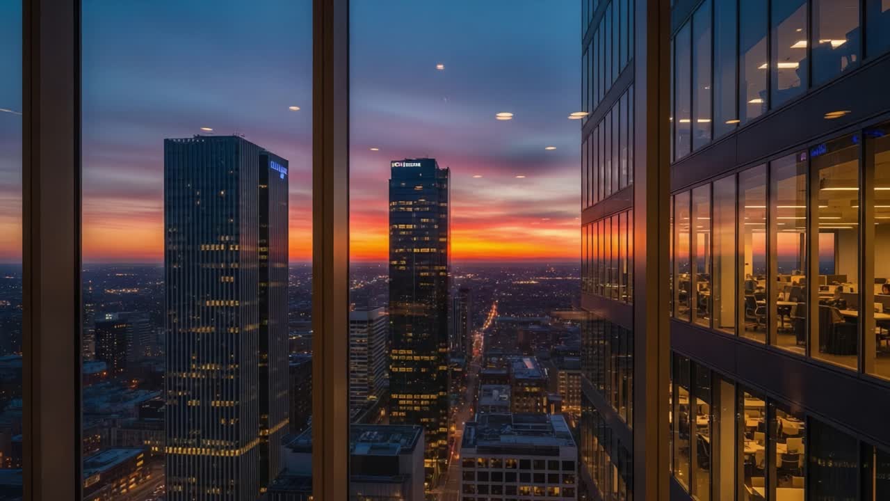 Breathtaking Evening Cityscape: A Stunning View from Corporate High-Rise Windows Capturing the Transition from Sunset to Night
