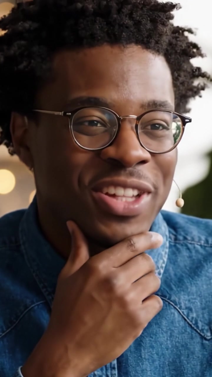 Cheerful Young Man with Glasses Smiling and Engaging While Wearing a Denim Shirt, Radiating Positivity in a Warm Atmosphere