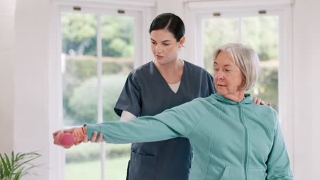 Woman,-nurse-and-senior-patient-with-dumbbell