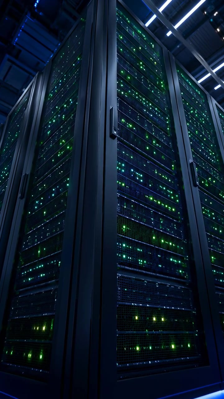 Vista ravvicinata dal basso all'interno di un data center controllato che mostra alti armadi server neri, file dense di apparecchiature, luci di stato luminose, illuminazione inferiore blu fredda e una precisa simmetria industriale