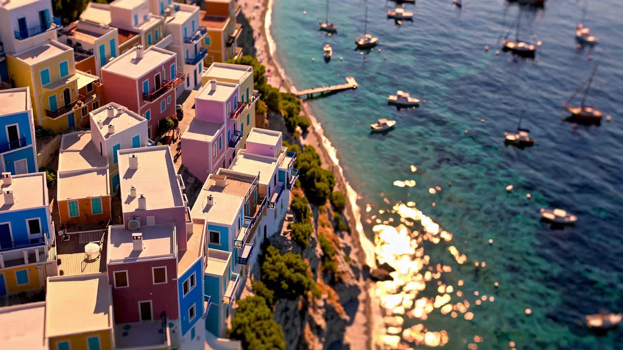 colorida ciudad costera con barcos y muelle