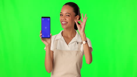 Phone,-green-screen-and-young-woman-in-studio