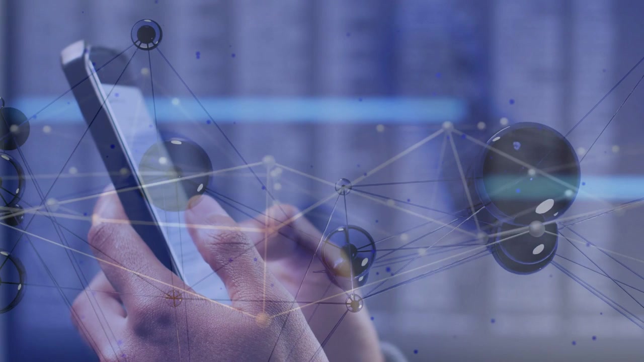Male hands tapping phone, right finger contacting screen, initiating nodes and blue lines for tech