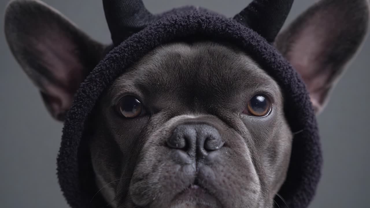 A Playful French Bulldog Wearing a Black Hood with Horns, Capturing the Quirky Charm and Expressions of This Adorable Canine Character
