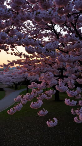 cherry blossoms in a park at sunrise/sunset