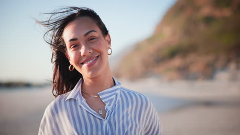 summer, travel and face of happy woman at a beach