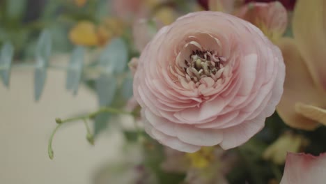 A-focused-static-shot-of-a-pink-flower-in-full-bloom-surrounded-by-eucalyptus-and-florals