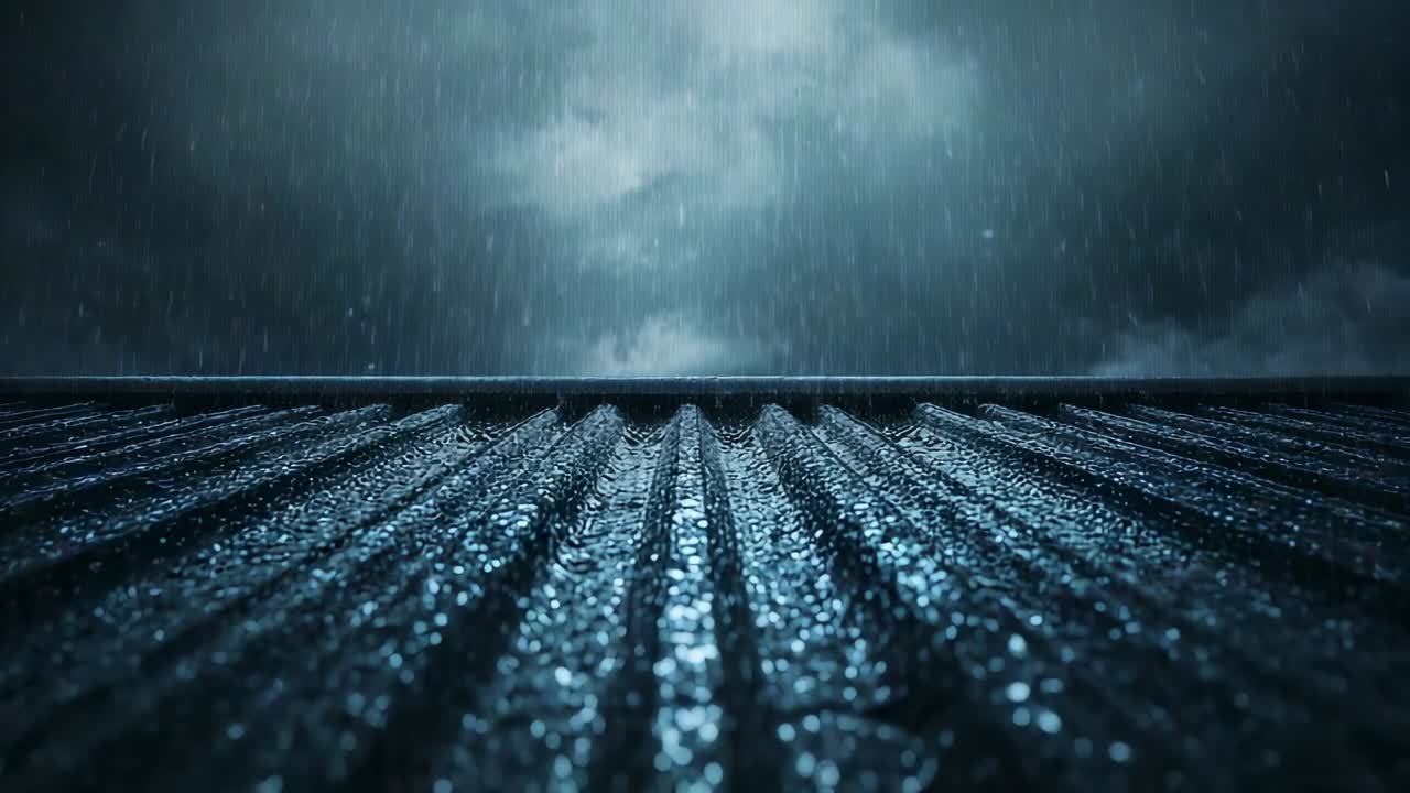 Raindrops hitting corrugated metal roof in stormy light, camera tilting upward showing storm clouds