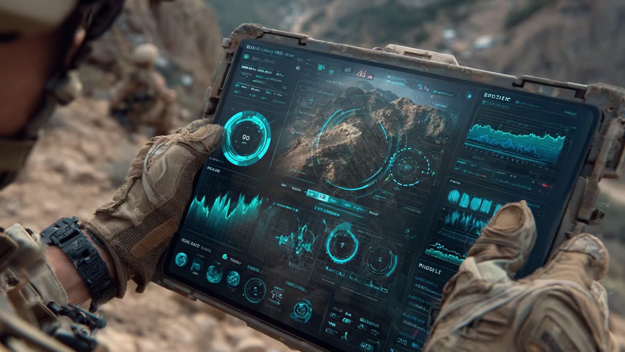 Advanced Tactical Display: Soldiers Using High-Tech Touchscreen Interface for Real-Time Data Analysis and Strategic Operations in Challenging Terrain