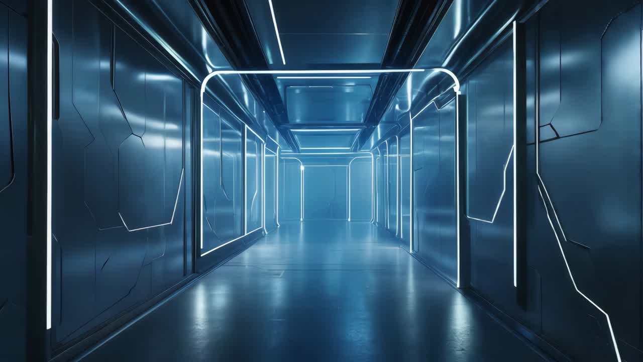 푸른 네온 조명과 함께 미래의 금속 복도