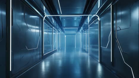 corredor de metal futurista con iluminación de neón azul