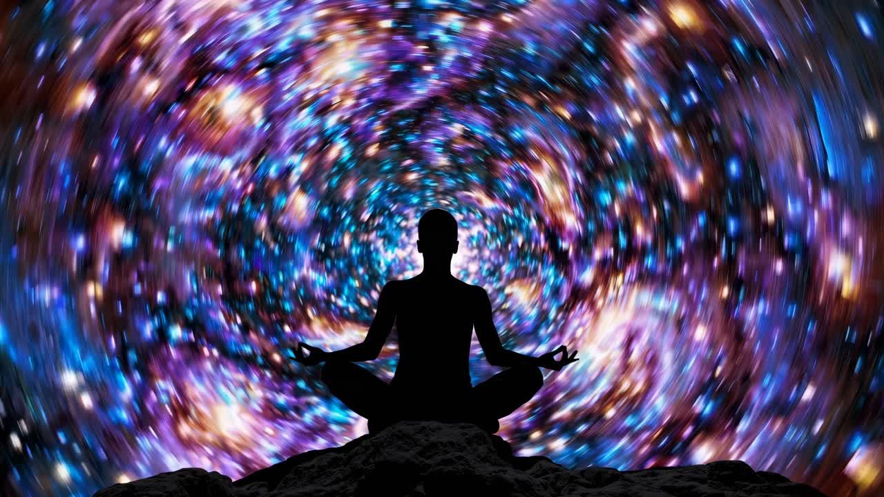 Silhouette of a person meditating against a cosmic, swirling galaxy background