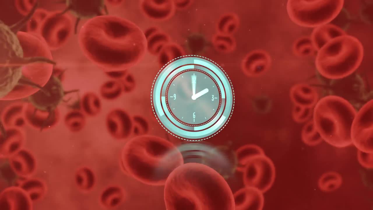 Animation of clock over moving cells over red background