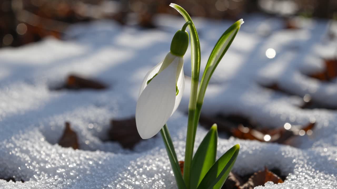 Close-up video shot of a snowdrop flower emerging through snow, captured at a low angle