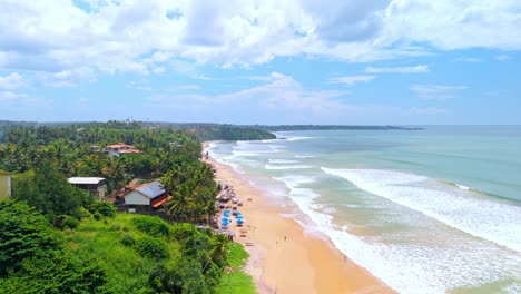 an aerial drone view of sk town beach in weligama, sri lanka, showcasing golden sand, gentle waves, and a lush line of palm trees along the shore.
