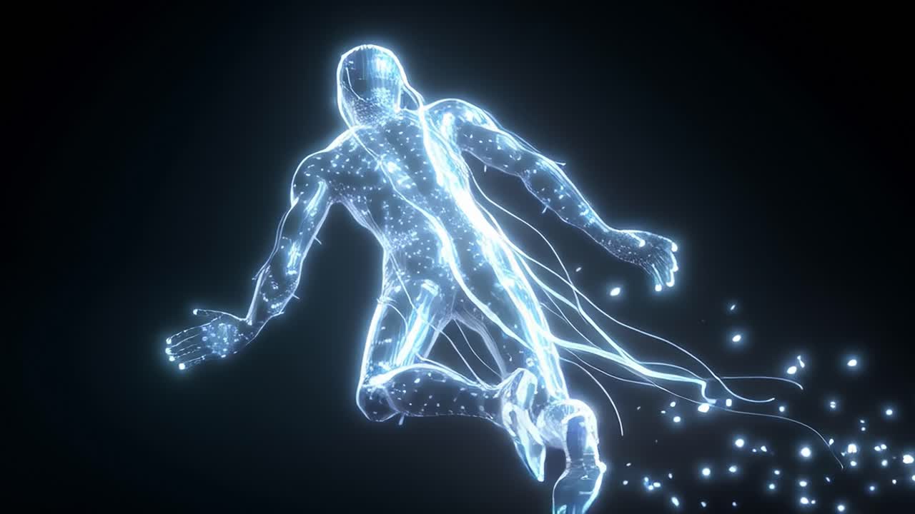 A mesmerizing visual representation of a glowing, ethereal figure soaring effortlessly through a dark void, surrounded by a cascade of shimmering particles that evoke a sense of freedom and transcendence